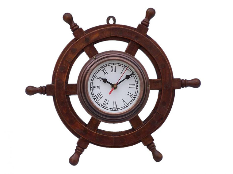 Deluxe Class Wood and Antique Copper Ship Steering Wheel Clock 12"