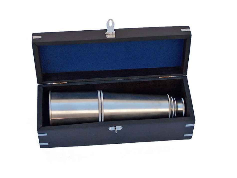 Deluxe Class Brushed Nickel Admirals Spyglass Telescope 27"" with Rosewood Box