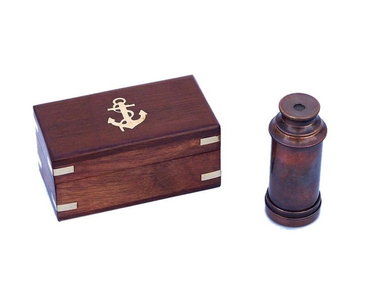 Deluxe Class Scout's Antique Copper Spyglass Telescope 7" with Rosewood Box