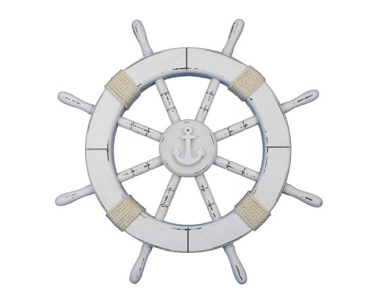 Rustic White Decorative Ship Wheel with Anchor 18"