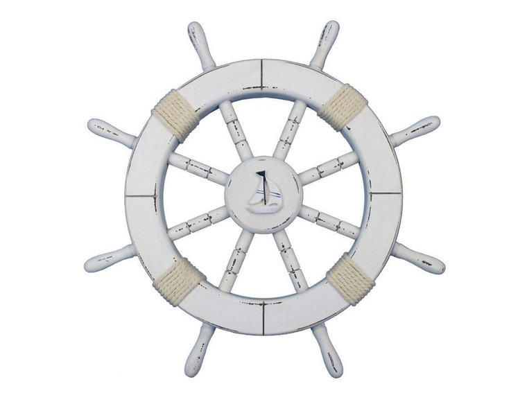 Rustic White Decorative Ship Wheel with Sailboat 18"