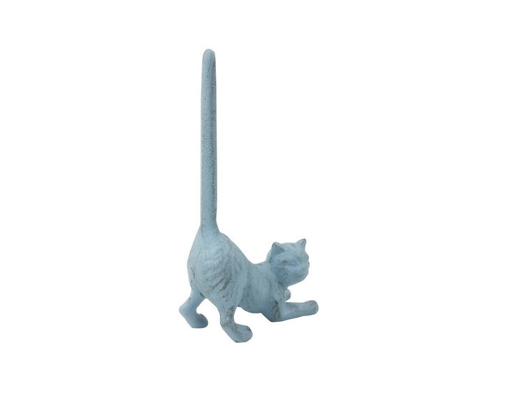 Rustic Light Blue Cast Iron Cat Paper Towel Holder 10"