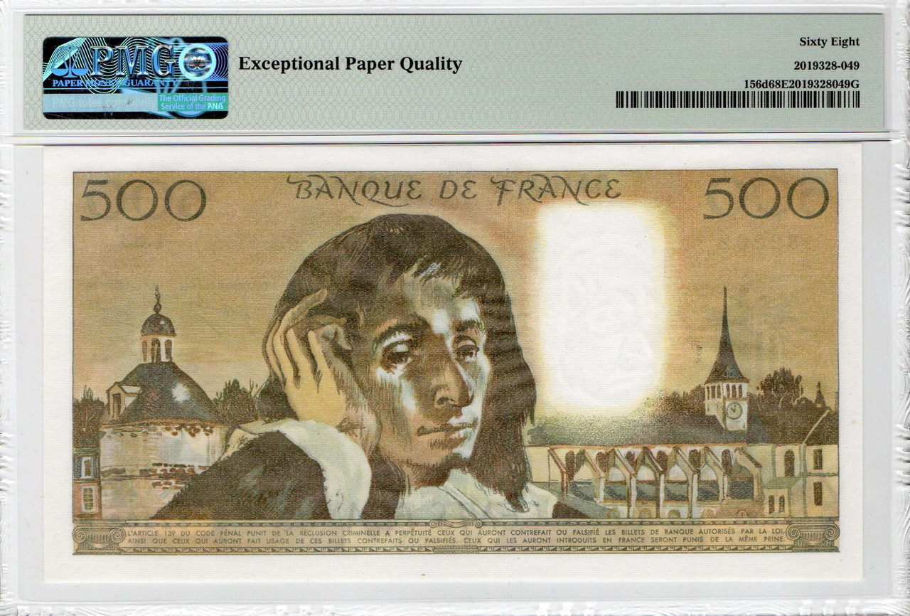 FRANCE 1977 500 FRANCS BANKNOTE P156D PMG 68 EPQ TOP POP 1