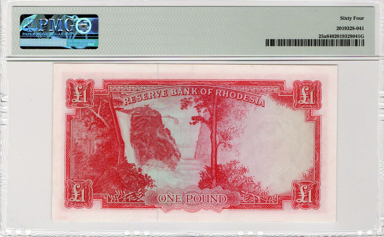 美品　南ローデシア　1964年　エリザベス女王　1ポンド　P-25a RHODESIA 1 POUND BANKNOTE 1964 QEII p25a UNC PMG 64