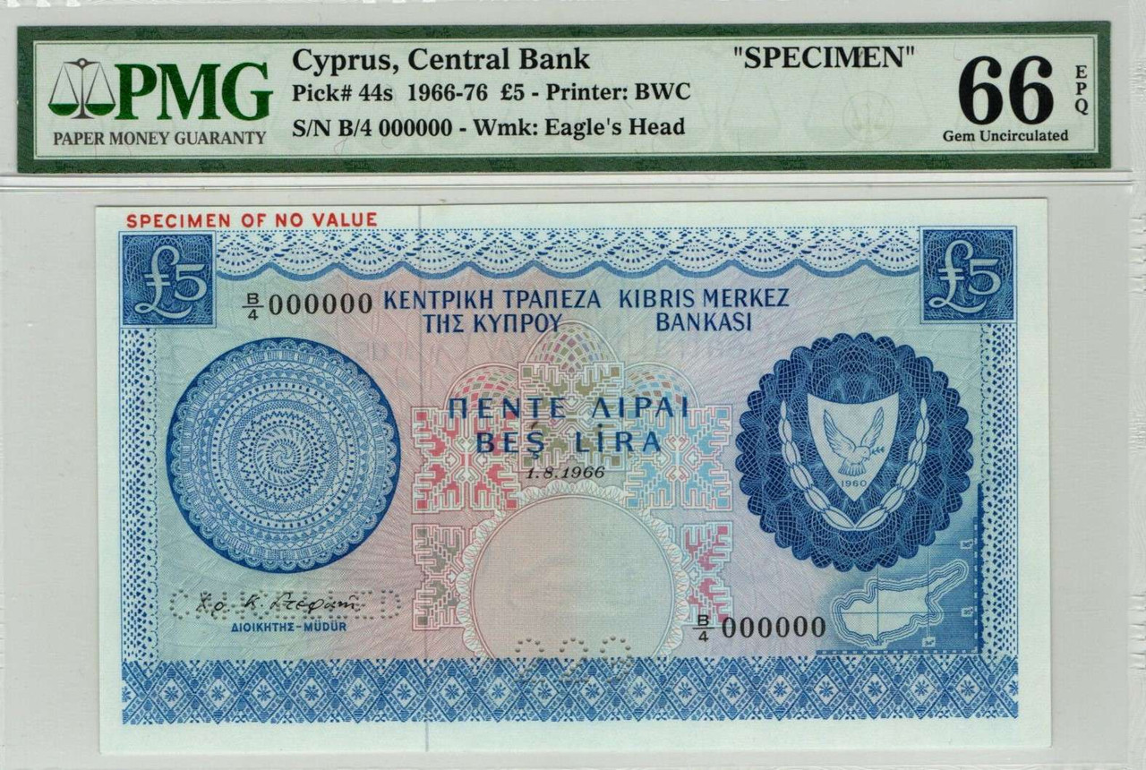 CYPRUS 5 POUNDS 1966 BANKNOTE PMG 66 RARE SPECIMEN P44s