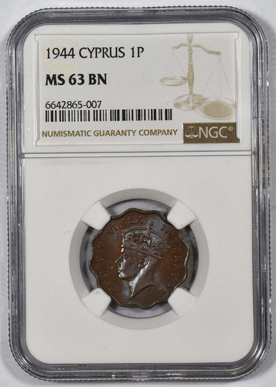 CYPRUS 1 PIASTRE 1944 COIN OF KGVI NGC MS63BN