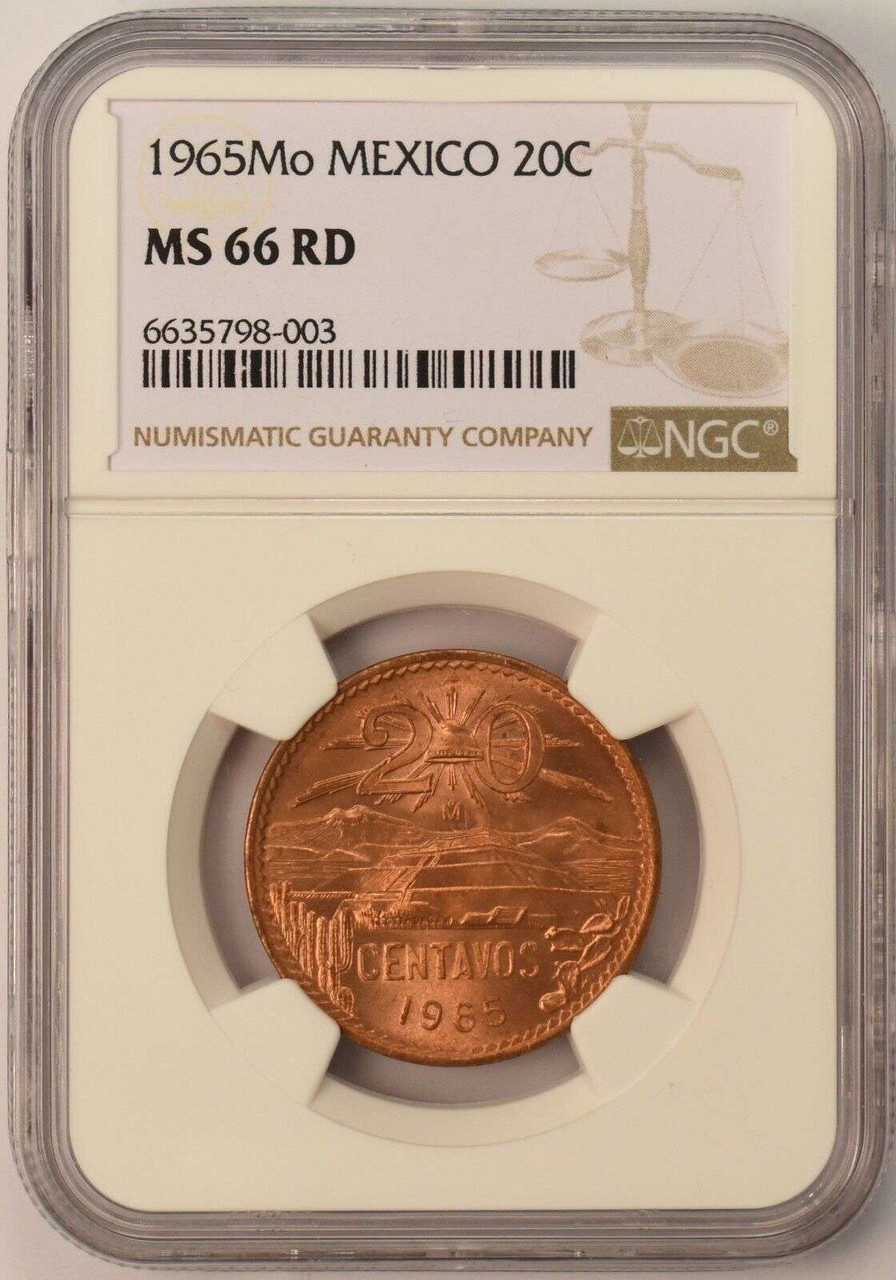 MEXICO 20 CENTAVOS COIN 1965 NGC MS66 RD