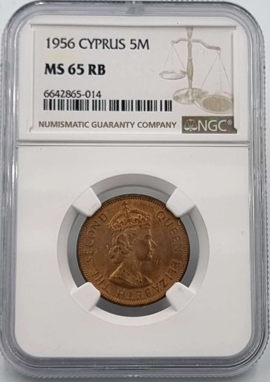 CYPRUS 5 MILS COIN 1956 NGC MS65 RB QEII