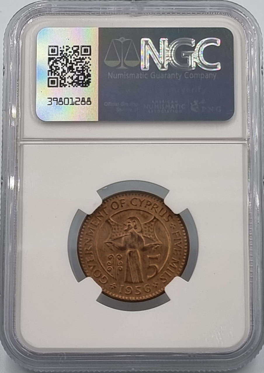 CYPRUS 5 MILS COIN 1956 NGC MS65 RB QEII