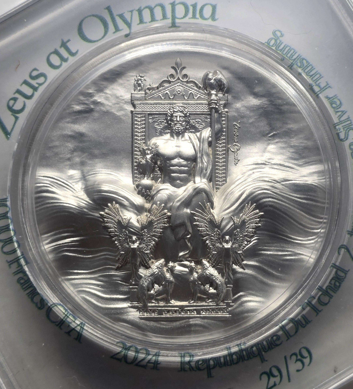 ZEUS AT OLYMPIA 2 Oz Silver Coin 10000 Francs Chad 2024