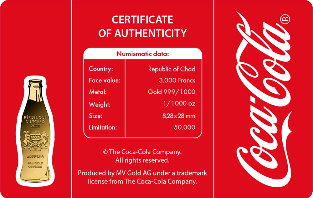 COCA COLA Bottle Shape 1/1000 Oz Gold Coin Chad 2023
