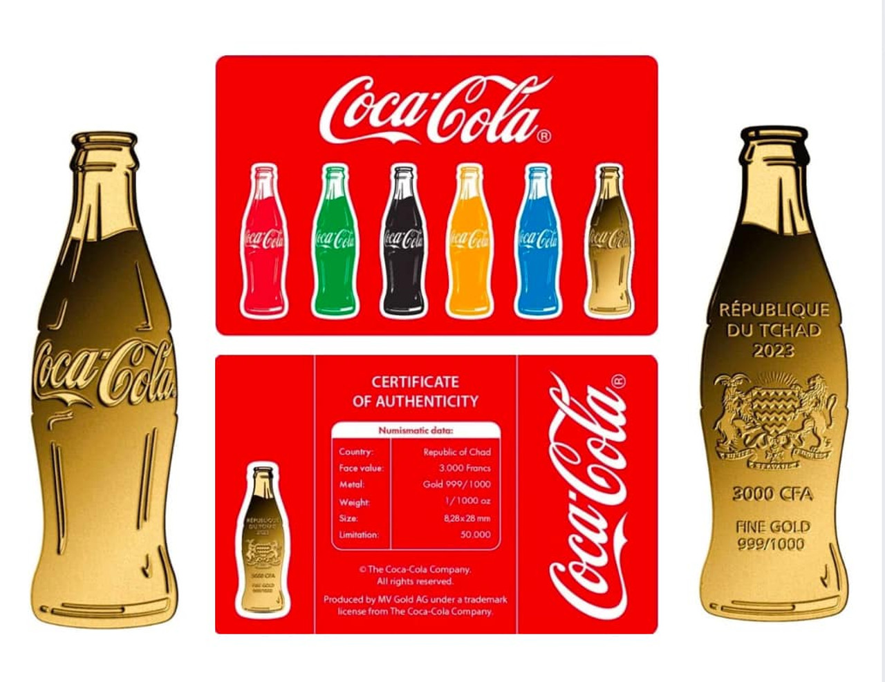 2023年チャド　コカ・コーラ　1/1000オンス COCA COLA Bottle Shape 1/1000 Oz Gold Coin Chad 2023