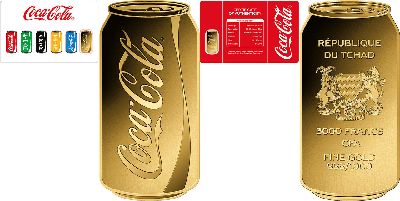 COCA COLA CAN 1/1000 Oz Gold Coin 3000 Francs Chad 2023
