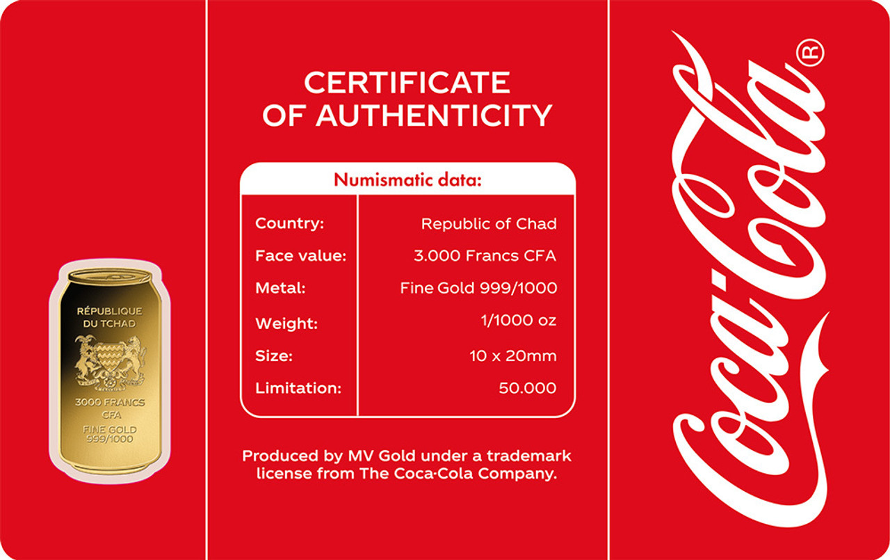 COCA COLA CAN 1/1000 Oz Gold Coin 3000 Francs Chad 2023