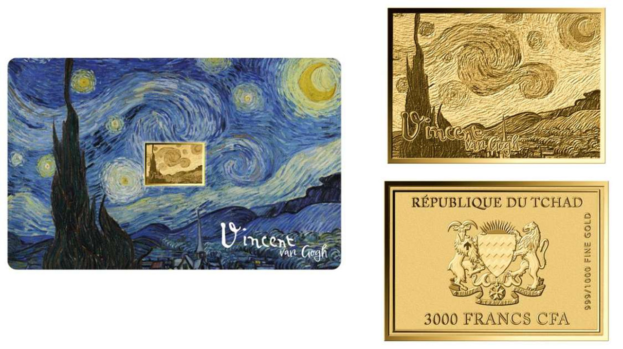 Van Gogh Starry Night 1/1000 Oz .999 Gold in Coin card Chad