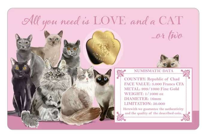 LOVE CATS 1/1000 Oz Gold .999 Coin 3000 Francs Chad 2023