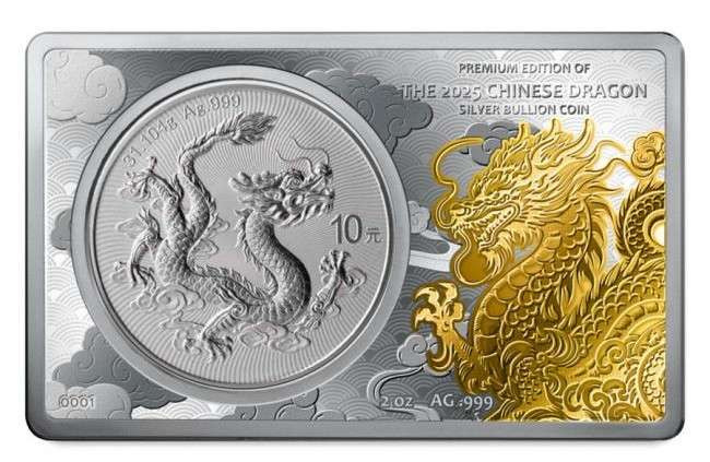 CHINESE DRAGON 2025 COIN IN BAR 3 oz Silver Gold Glided Set