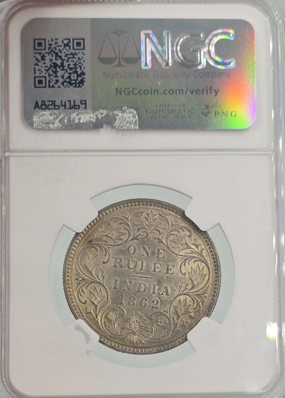 British India Silver 1 rupee 1862 Victoria Gothic NGC MS62