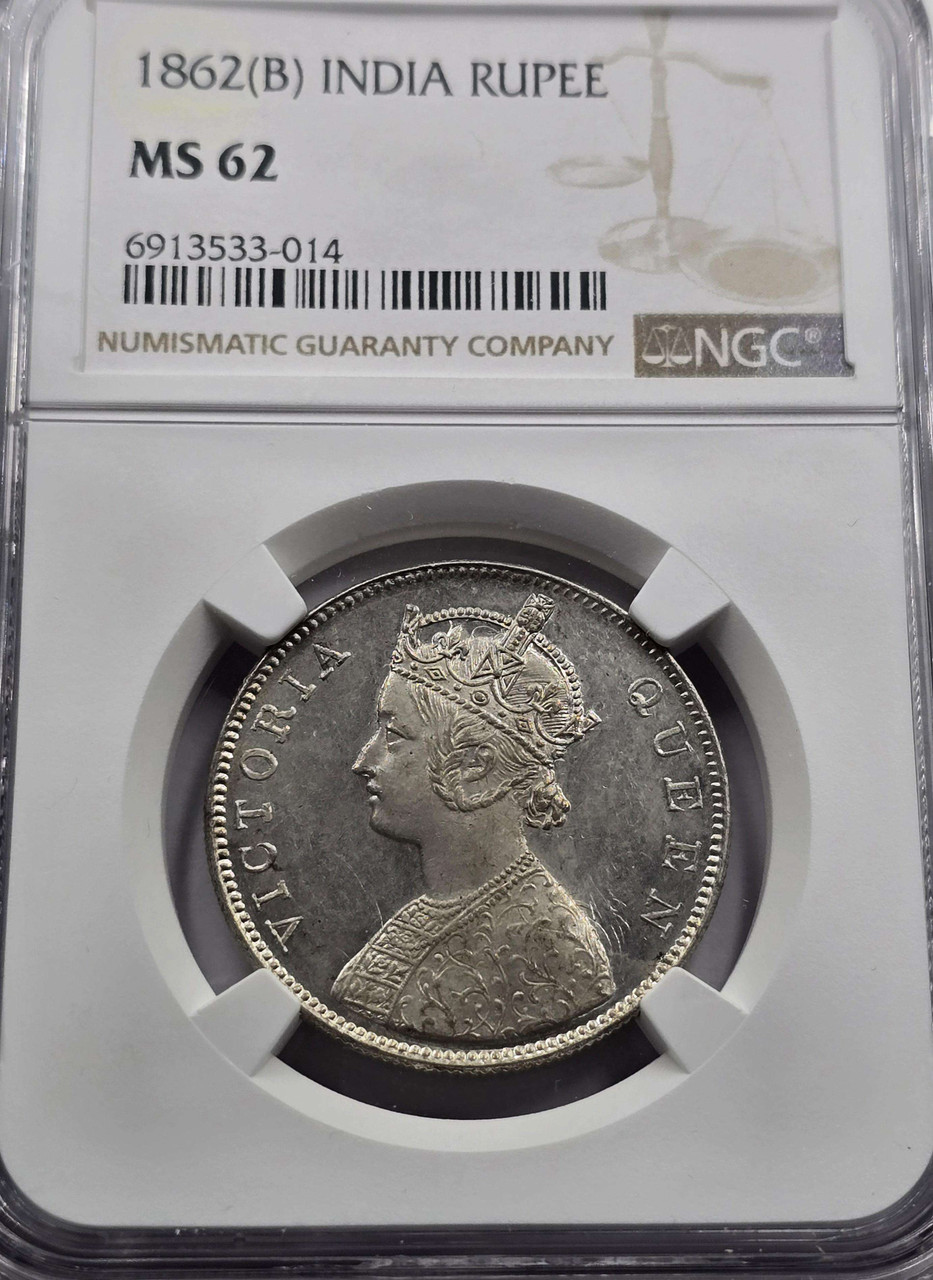 British India Silver 1 rupee 1862 B Victoria Gothic NGC MS62