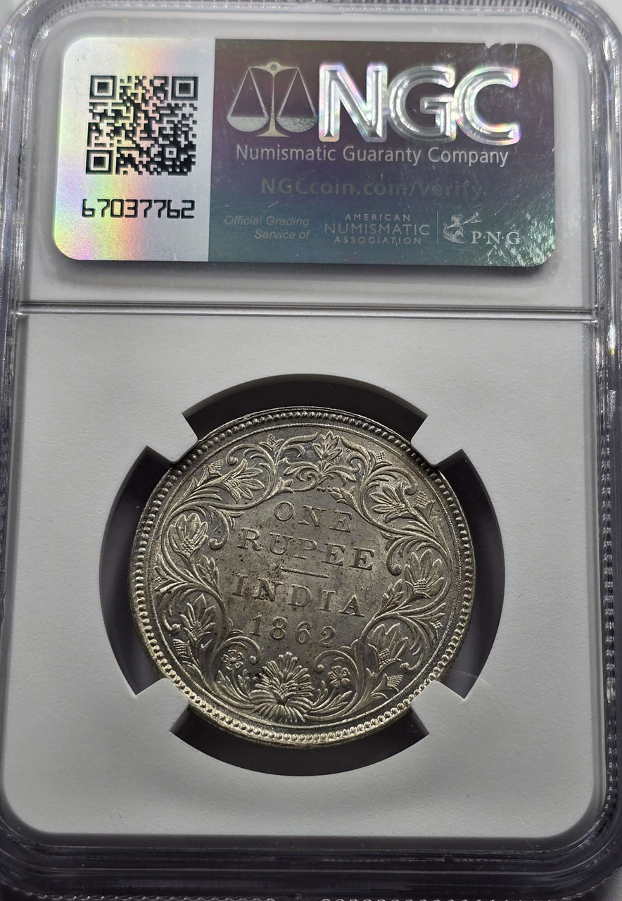 British India Silver 1 rupee 1862 B Victoria Gothic NGC MS62