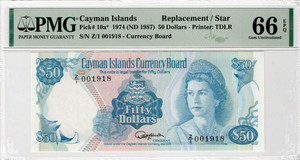 CAYMAN ISLANDS 50 DOLLARS 1974 P10a REPLACEMENT BANKNOTE Z1 PMG 66 EPQ GEM UNC