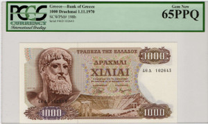GREECE 1000 DRACHMAI 1970 PCGS 65 PPQ UNC BANKNOTE p198b GREECE 1000 DRACHMAI 1970 PCGS 65 PPQ UNC BANKNOTE p198b