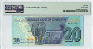 Zimbabwe 2020 Elephant P-104a PMG Gem UNC 66 EPQ 20 Dollars banknote