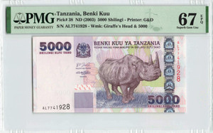 Tanzania ND (2003) P-38 PMG Superb Gem UNC 67 EPQ 5000 Shilingi Banknote Tanzania ND (2003) P-38 PMG Superb Gem UNC 67 EPQ 5000 Shilingi Banknote