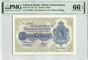 Falkland Islands 20.2.1974 P-8b PMG Gem UNC 66 EPQ 1 Pound Banknote QEII Falkland Islands 20.2.1974 P-8b PMG Gem UNC 66 EPQ 1 Pound Banknote QEII