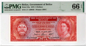 BELIZE 1975 QEII BANKNOTE 5 DOLLARS P35a GEM UNC PMG 66 EPQ BELIZE 1975 QEII BANKNOTE 5 DOLLARS P35a GEM UNC PMG 66 EPQ