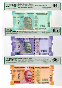 INDIA NEW 2016 - 2019 SET OF 200 100 50 RUPEES GEM UNC LOW SERIAL 4 PMG GRADED INDIA NEW 2016 - 2019 SET OF 200 100 50 RUPEES GEM UNC LOW SERIAL 4 PMG GRADED