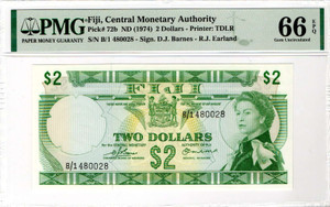 FIJI 1974 BANKNOTE 2 DOLLARS QEII P72b PMG 66 EPQ FIJI 1974 BANKNOTE 2 DOLLARS QEII P72b PMG 66 EPQ