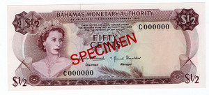 BAHAMAS 1968 1/2 DOLLAR SPECIMEN BANKNOTE QEII P26s UNC BAHAMAS 1968 1/2 DOLLAR SPECIMEN BANKNOTE QEII P26s UNC
