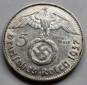 GERMANY WWII THIRD REICH 1937 J SILVER 5 REICHSMARK HINDENBURG GERMANY WWII THIRD REICH 1937 J SILVER 5 REICHSMARK HINDENBURG