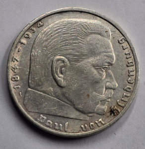 GERMANY WWII THIRD REICH 1937 SILVER  5 REICHSMARK HINDENBURG