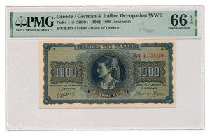GREECE 1942 1000 Drachmai P118 BANKNOTE PMG 66 EPQ GREECE 1942 1000 Drachmai P118 BANKNOTE PMG 66 EPQ
