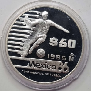 MEXICO SILVER 50 PESOS COIN 1985 WORLD CUP 1986 MUNDIAL
