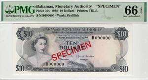 BAHAMAS SPECIMEN 10 DOLLARS P30s BANKNOTE 1968 PMG 66 QEII BAHAMAS SPECIMEN 10 DOLLARS P30s BANKNOTE 1968 PMG 66 QEII