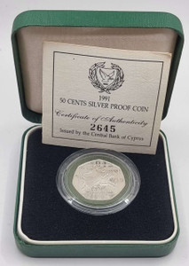 CYPRUS 1991 SILVER PROOF 50 CENTS COIN IN OFFICIAL BOX + COA