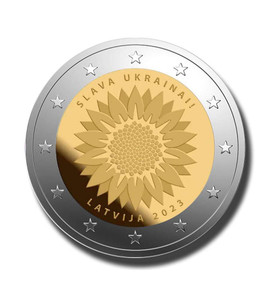 LATVIA 2023 SUNFLOWER FOR UKRAINE 2 EURO BU COIN IN CAPSULE LATVIA 2023 SUNFLOWER FOR UKRAINE 2 EURO BU COIN IN CAPSULE