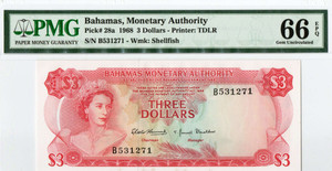 BAHAMAS 1968 3 DOLLARS QEII P28a PMG 66 EPQ BAHAMAS 1968 3 DOLLARS QEII P28a PMG 66 EPQ