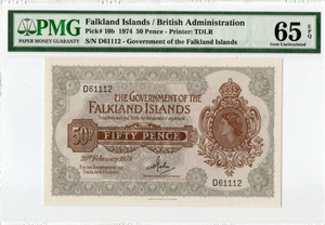 FALKLAND ISLANDS 1974 50 PENCE QEII P10b PMG 65 EPQ QUEEN ELIZABETH II FALKLAND ISLANDS 1974 50 PENCE QEII P10b PMG 65 EPQ QUEEN ELIZABETH II