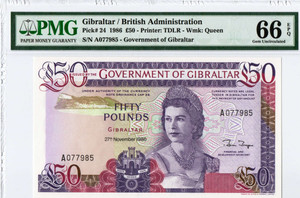 GIBRALTAR 1986 50 POUNDS QEII P24 PMG 66 EPQ QUEEN ELIZABETH II GIBRALTAR 1986 50 POUNDS QEII P24 PMG 66 EPQ QUEEN ELIZABETH II