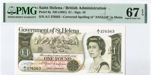 AFRICA SAINT HELENA 1981 1 POUND QEII P9a PMG 67 EPQ QUEEN ELIZABETH II AFRICA SAINT HELENA 1981 1 POUND QEII P9a PMG 67 EPQ QUEEN ELIZABETH II
