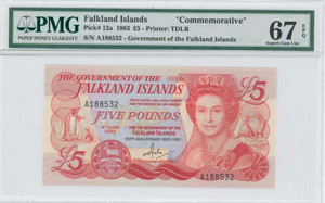 Falkland Islands 1983 P12a PMG 67 EPQ 5 Pound Commemorative Banknote QEII Falkland Islands 1983 P12a PMG 67 EPQ 5 Pound Commemorative Banknote QEII