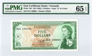 EAST CARIBBEAN STATES / GRENADA 1965 5 DOLLARS QEII P14k PMG 65 EPQ QUEEN ELIZABETH II EAST CARIBBEAN STATES / GRENADA 1965 5 DOLLARS QEII P14k PMG 65 EPQ QUEEN ELIZABETH II