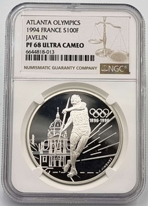 France 100 francs 1994 Olympics Javelin Silver coin NGC PF68 ULCA France 100 francs 1994 Olympics Javelin Silver coin NGC PF68 ULCA