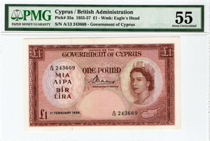CYPRUS-POUND-1956-QUEEN-ELIZABETH-QEII-PMG-p35a-RARE CYPRUS-POUND-1956-QUEEN-ELIZABETH-QEII-PMG-p35a-RARE