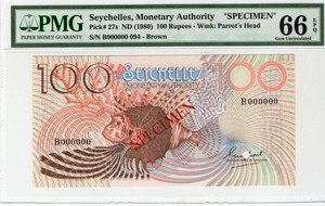 AFRICA SEYCHELLES 1980 100 RUPEES SPECIMEN P27s PMG 66EPQ LION FISH AFRICA SEYCHELLES 1980 100 RUPEES SPECIMEN P27s PMG 66EPQ LION FISH