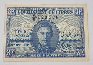 CYPRUS KGVI 1944 3 PIASTRE BANKNOTE AU p28 CYPRUS KGVI 1944 3 PIASTRE BANKNOTE AU p28